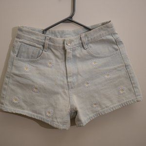 High-Waisted Daisy Embroidered Denim Shorts